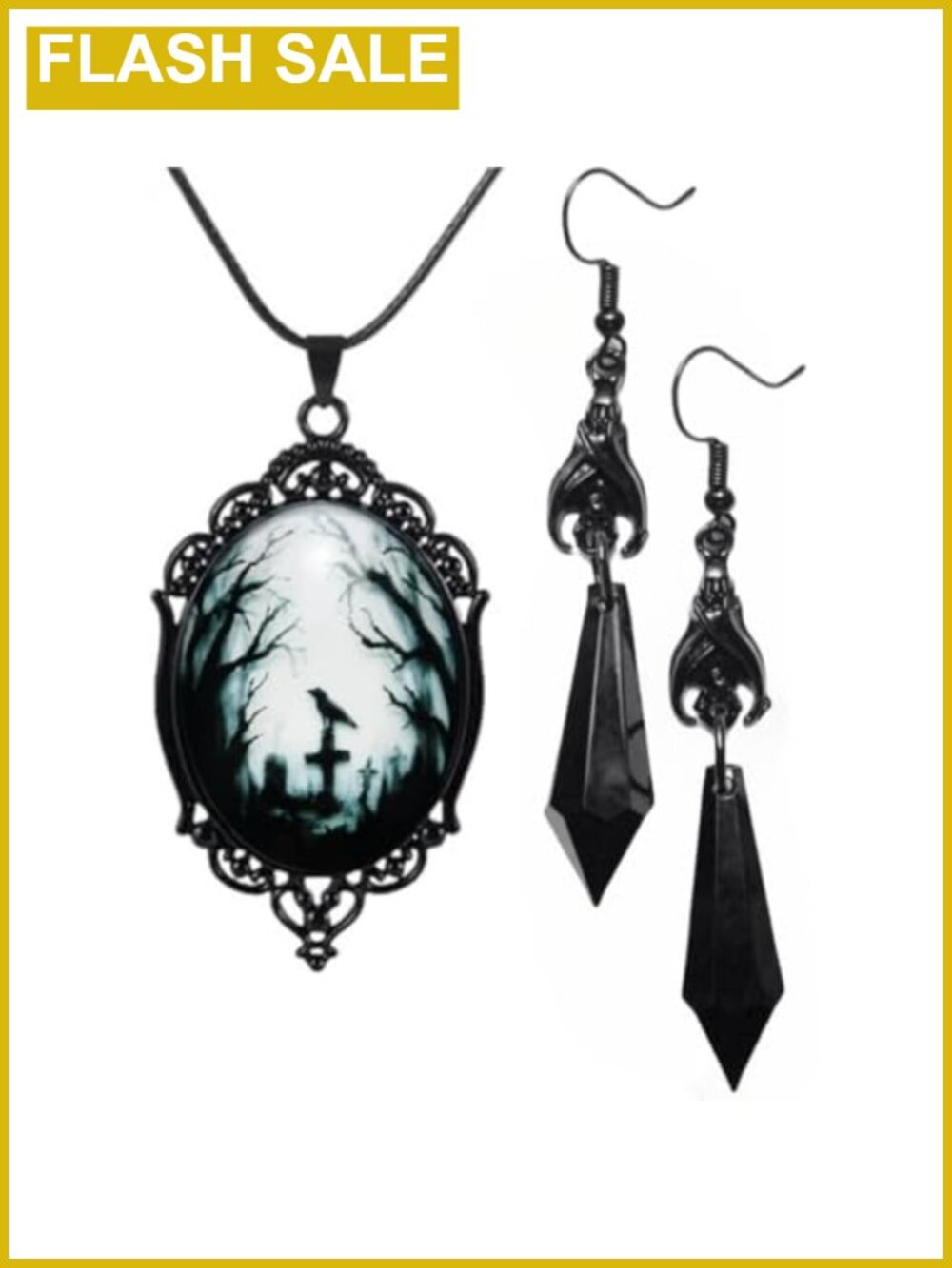 Gothic Raven Crow Pendant Necklace & Bat Dangle Earrings Set Zinc Glass
